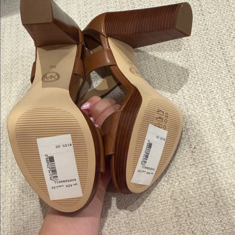 Michael Kors Brown Leather Zip-Front Block Heel Sandals - Picture 3 of 3